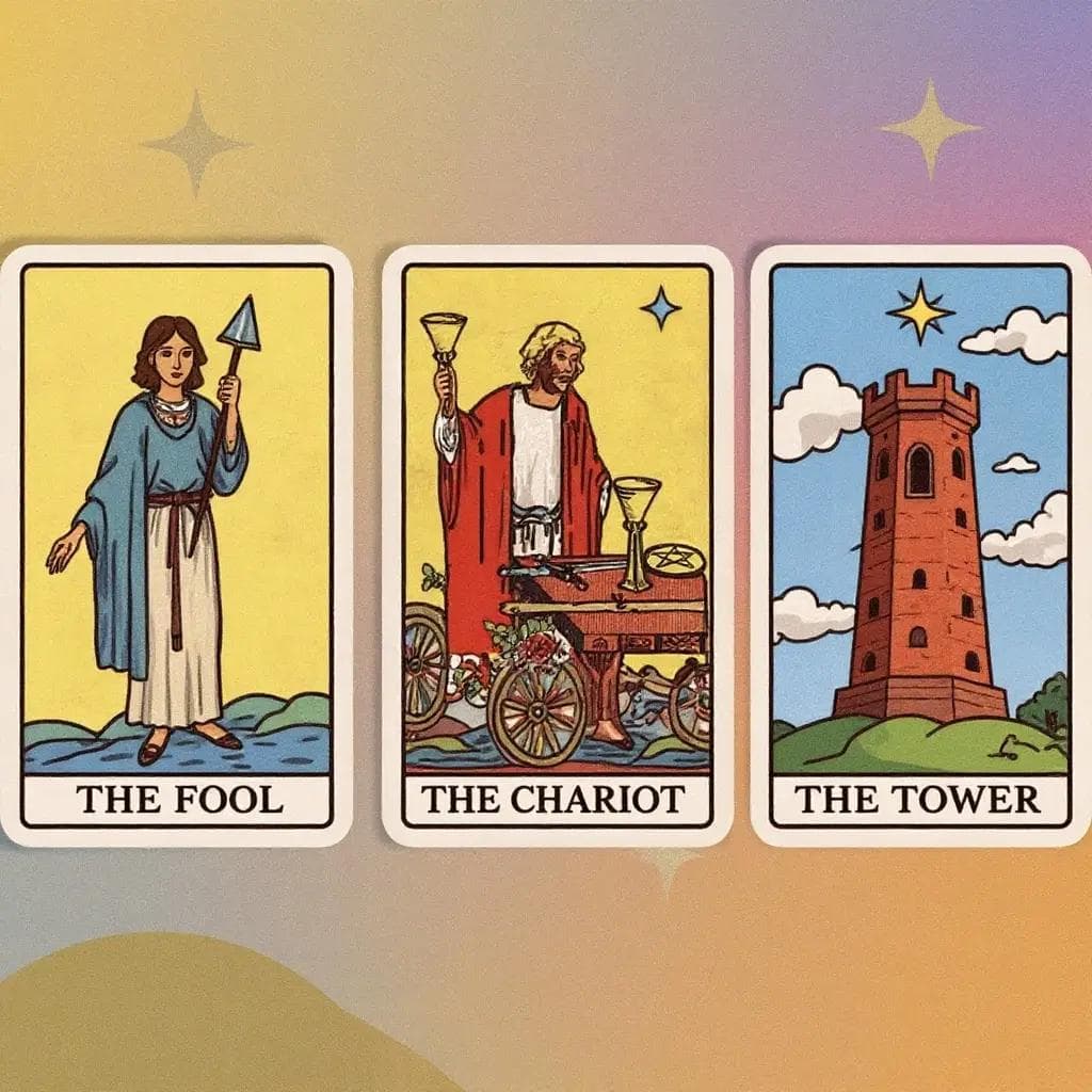 A beautifully illustrated Tarot spread featuring 'The Fool', 'The Chariot', and 'The Tower' cards, demonstrating their positions in a three-card spread.