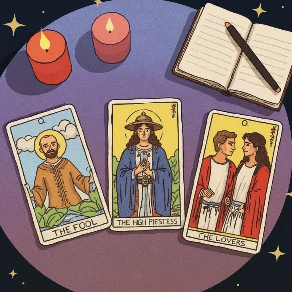 A serene tarot reading setup with cards laid out, candles lit, and a journal nearby.