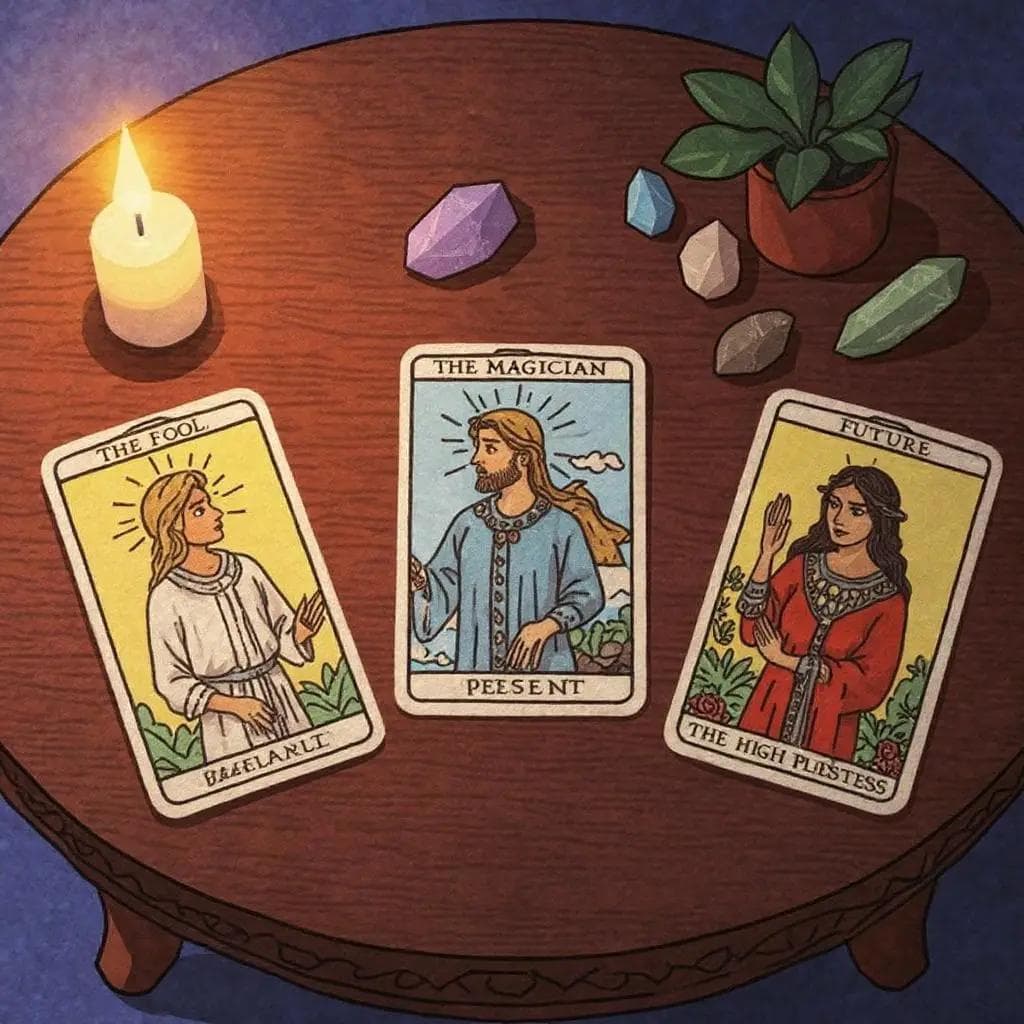 A tarot reading setup with cards laid out in a three-card spread, featuring "The Fool," "The Magician," and "The High Priestess."