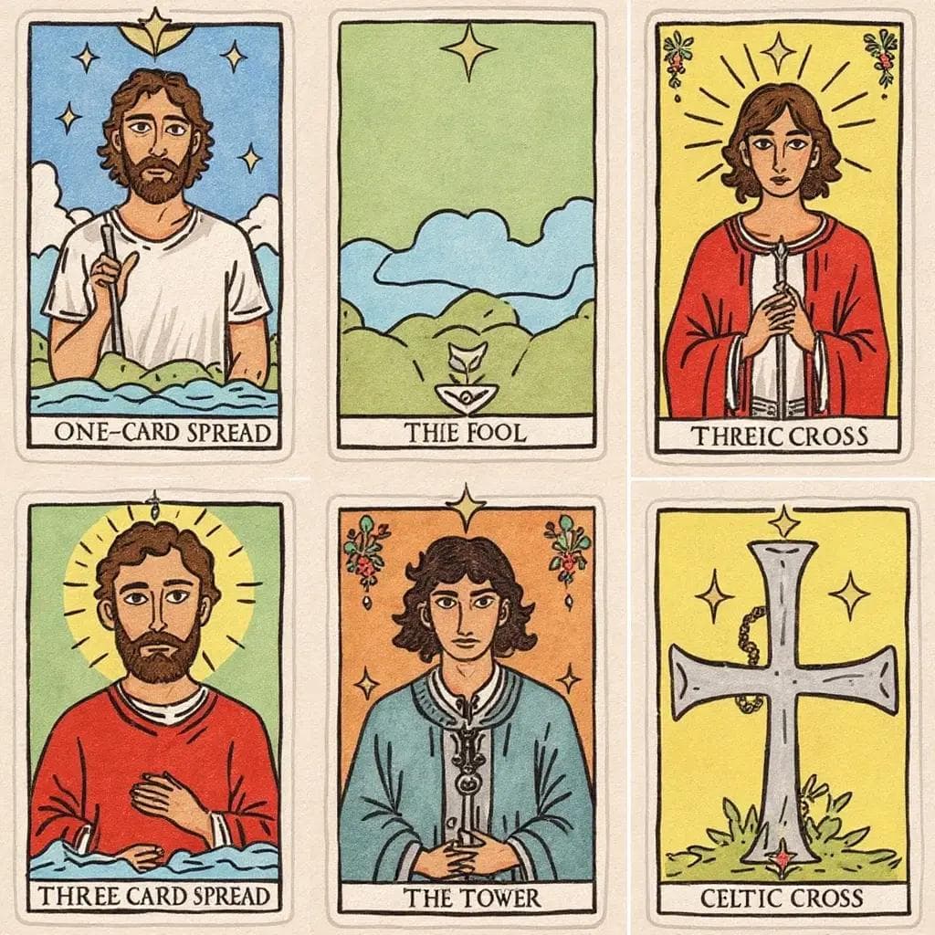 A detailed layout of various tarot spreads including the One-Card Spread, Three-Card Spread, and Celtic Cross.